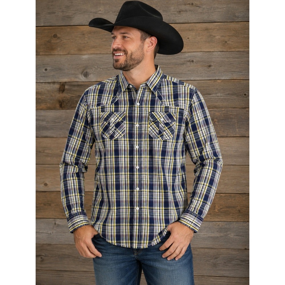 Red Snap Mens Large Western Plaid Button Shirt 100% Cotton Long Sleeve Pockets